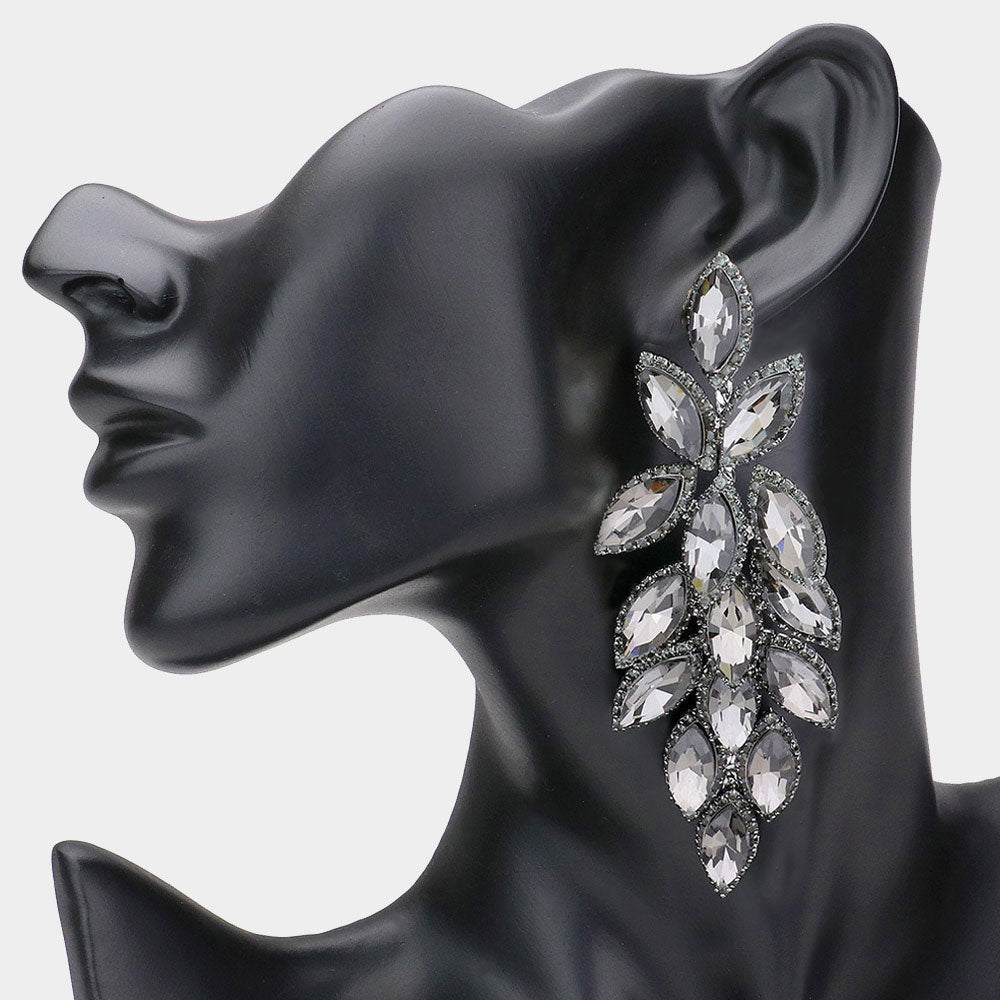 Long Black Diamond Crystal Marquise Leaf Stone Pageant Earrings | Prom Earrings