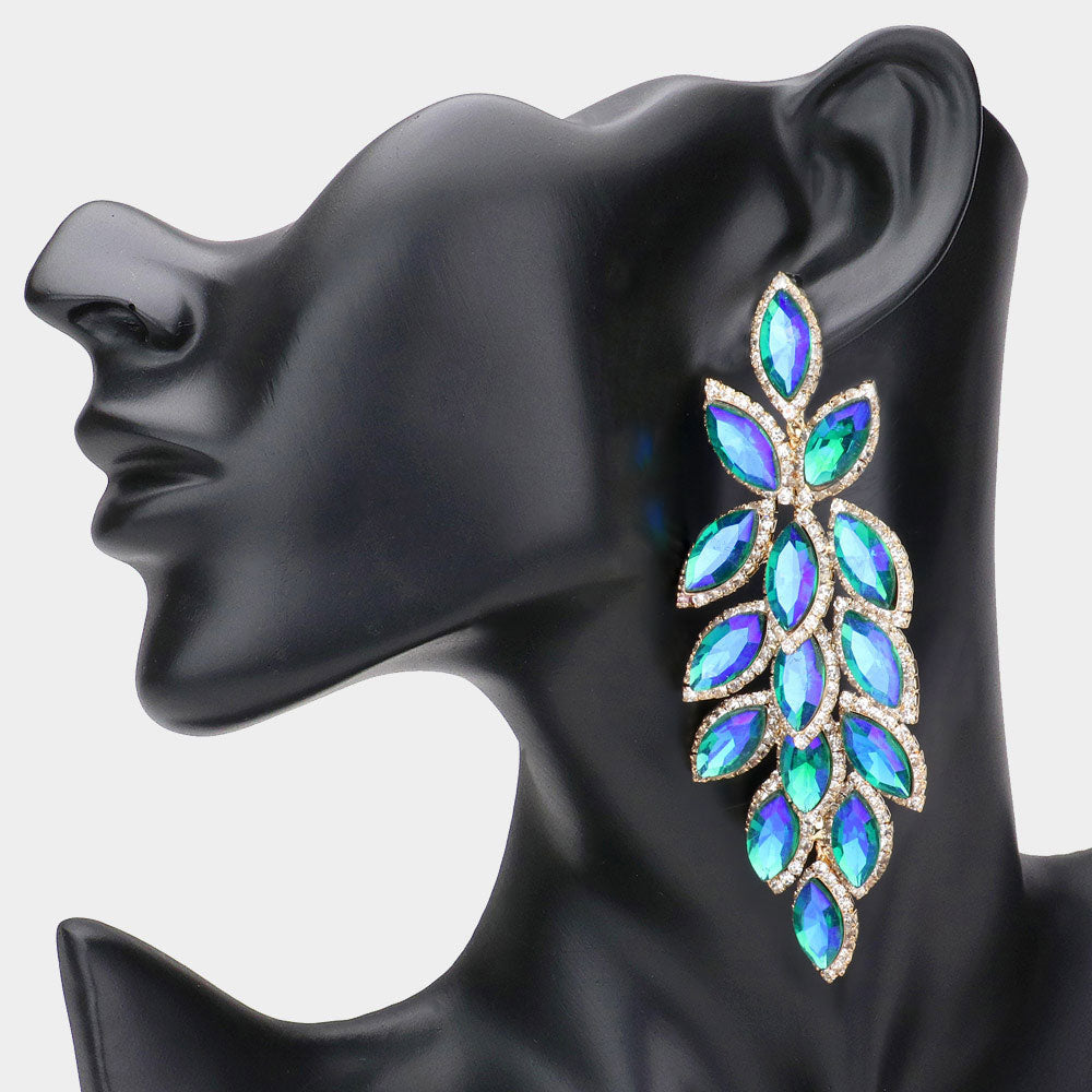 Long Blue AB Crystal Marquise Leaf Stone Pageant Earrings | Prom Earrings