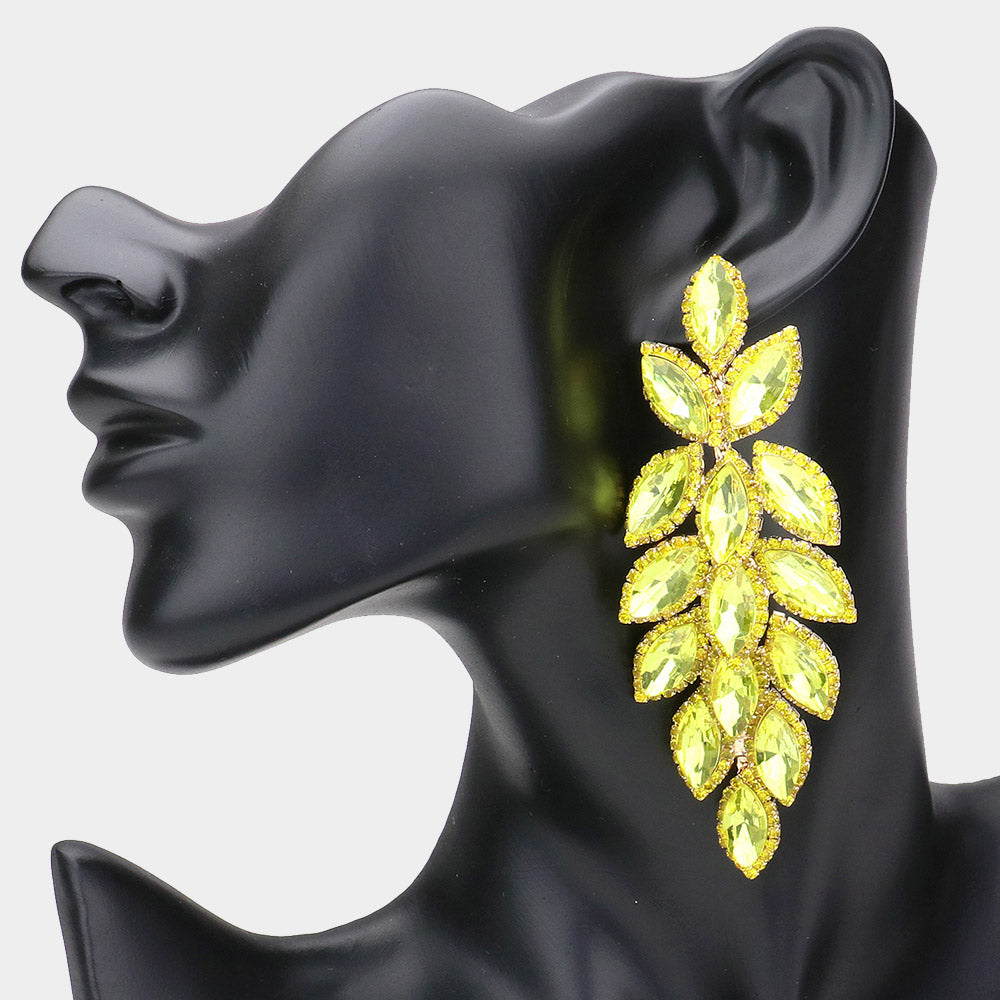 Long Yellow Crystal Marquise Leaf Stone Pageant Earrings | Prom Earrings