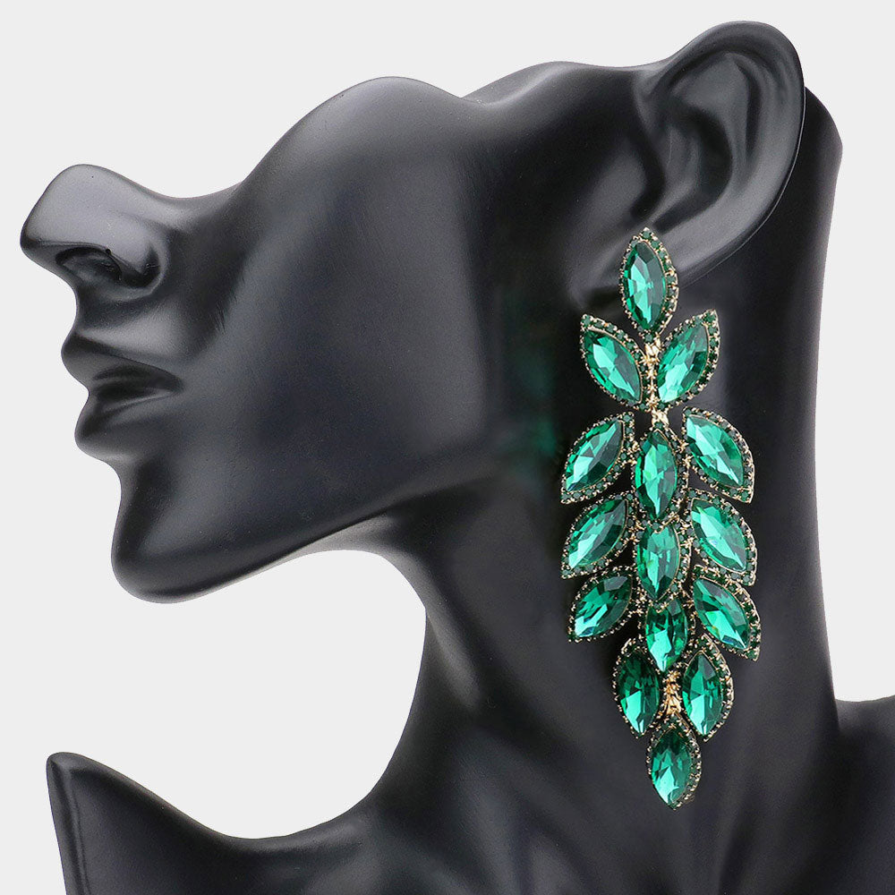 Long Emerald Crystal Marquise Leaf Stone Pageant Earrings | Prom Earrings