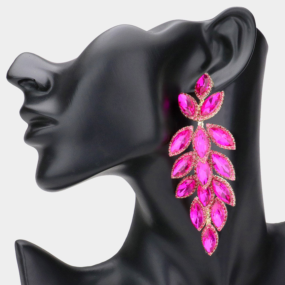 Long Fuchsia Crystal Marquise Leaf Stone Pageant Earrings | Prom Earrings 