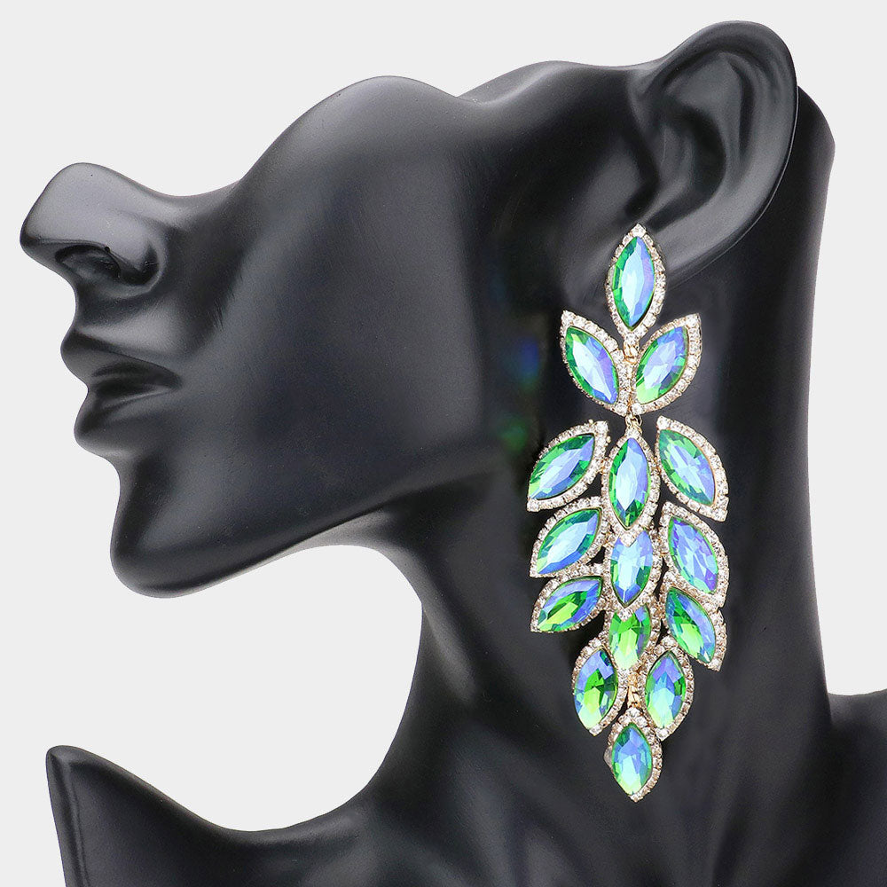 Long Green AB Crystal Marquise Leaf Stone Pageant Earrings | Prom Earrings