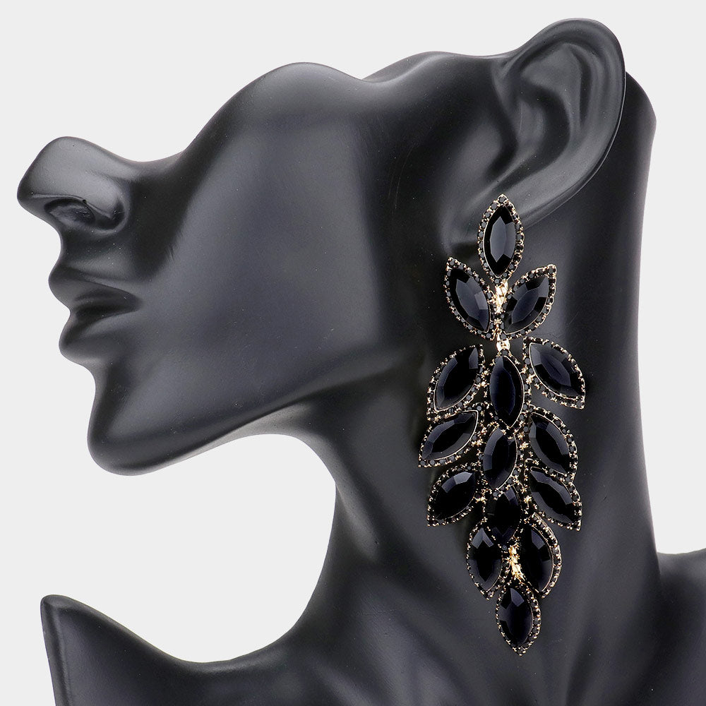 Long Black Crystal Marquise Leaf Stone Pageant Earrings on Gold | Prom Earrings