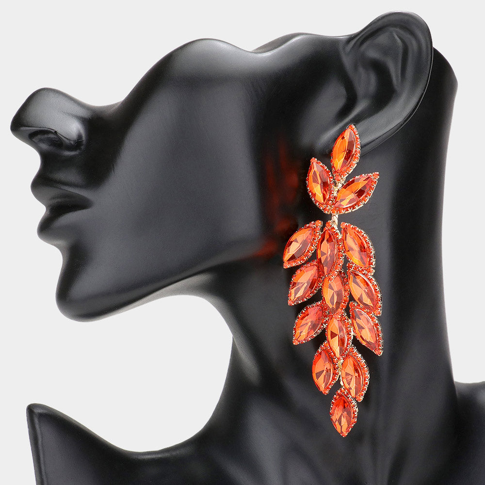 Long Orange Crystal Marquise Leaf Stone Pageant Earrings | Prom Earrings