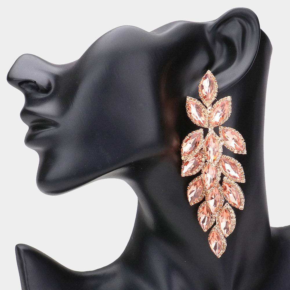 Long Peach Crystal Marquise Leaf Stone Pageant Earrings on Rose Gold  | Prom Earrings