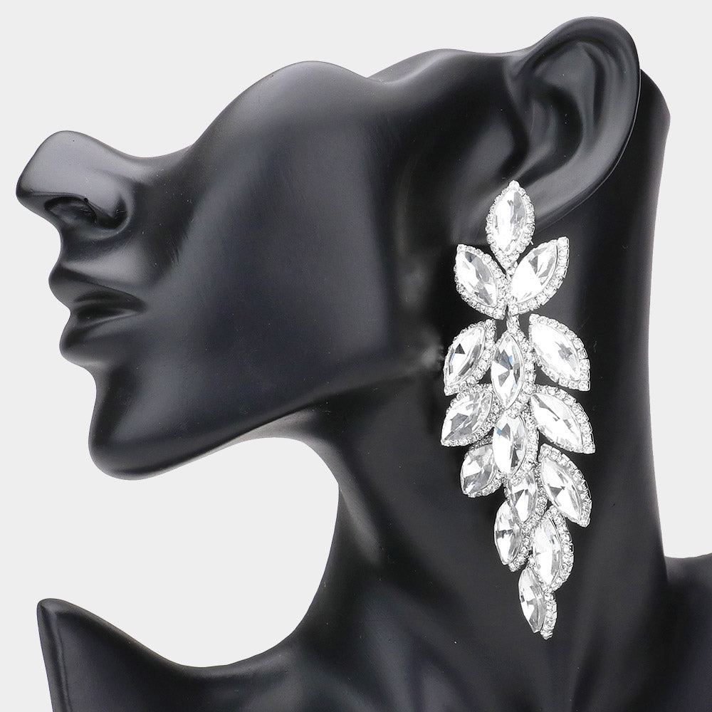 Long Clear Crystal Marquise Leaf Stone Pageant Earrings   | Prom Earrings