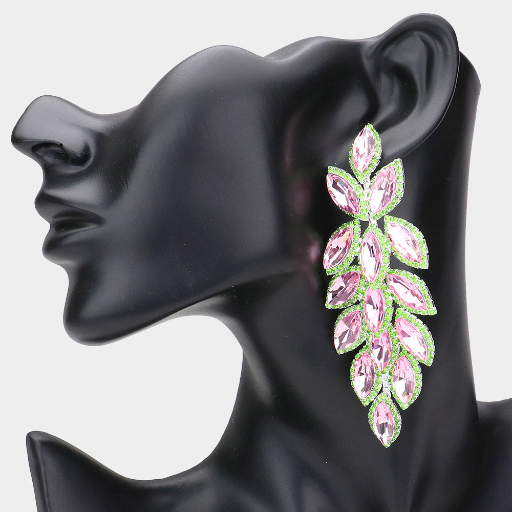 Long Pink & Green Crystal Marquise Leaf Stone Pageant Earrings   | Prom Earrings