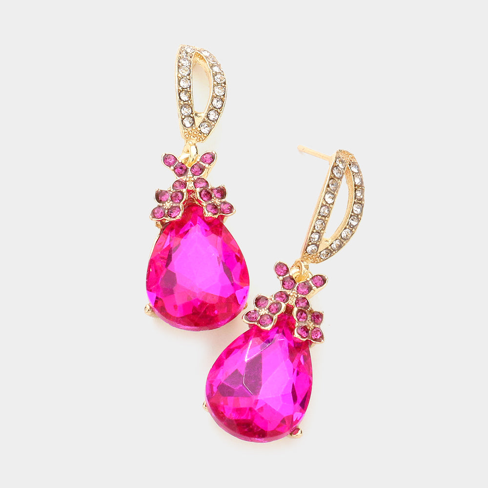 Small Fuchsia Crystal Teardrop Dangle Earrings  | 590430