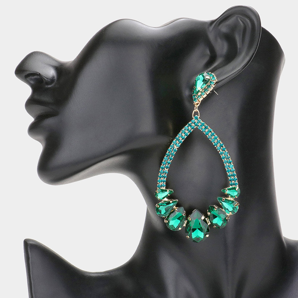 Emerald Crystal Teardrop Stone Chandelier Pageant Earrings | Prom Earrings