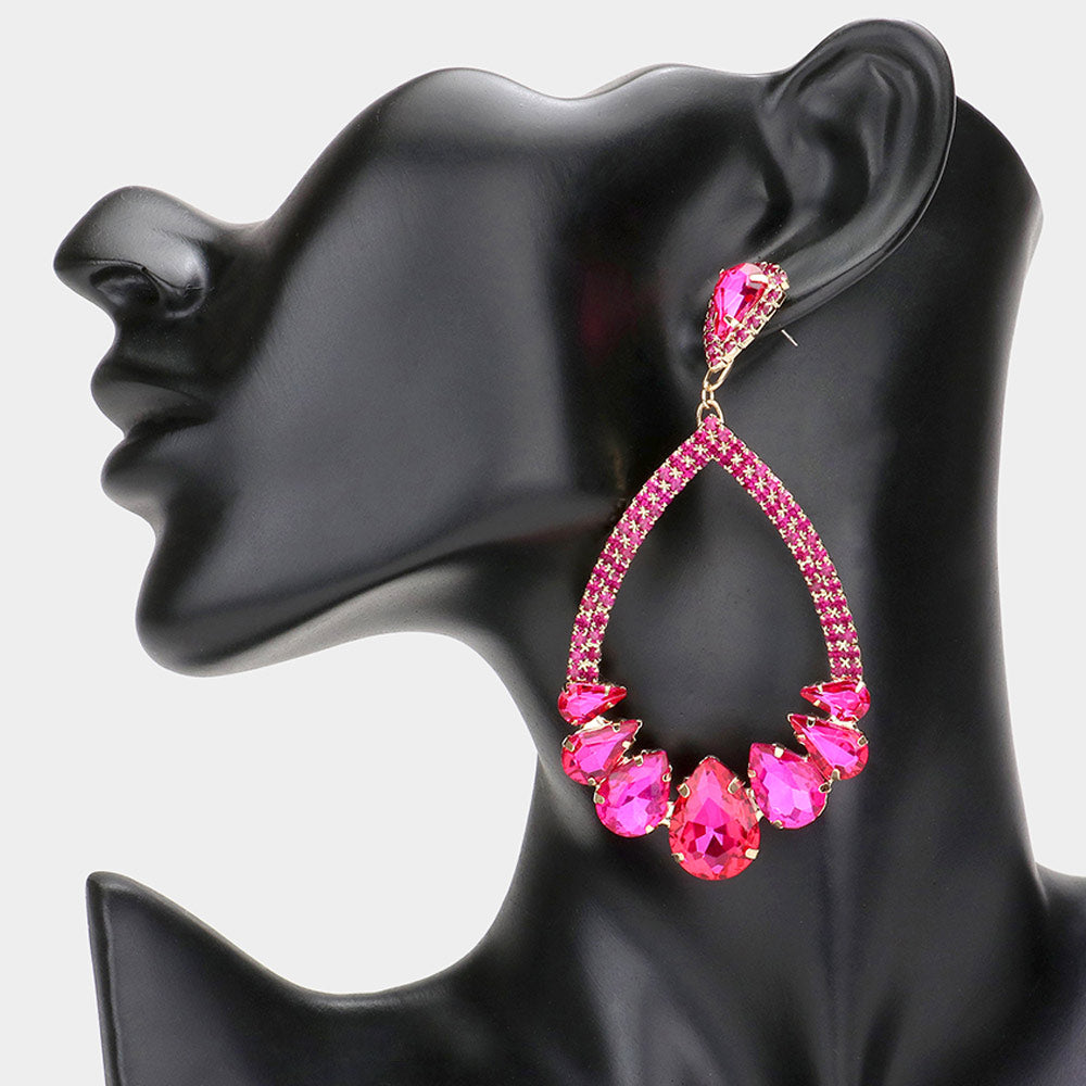 Fuchsia Crystal Teardrop Stone Chandelier Pageant Earrings | Prom Earrings