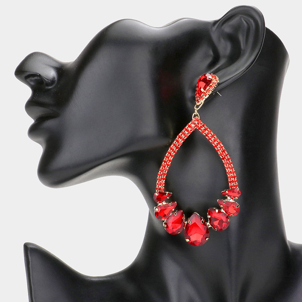 Red Crystal Teardrop Stone Chandelier Pageant Earrings | Prom Earrings
