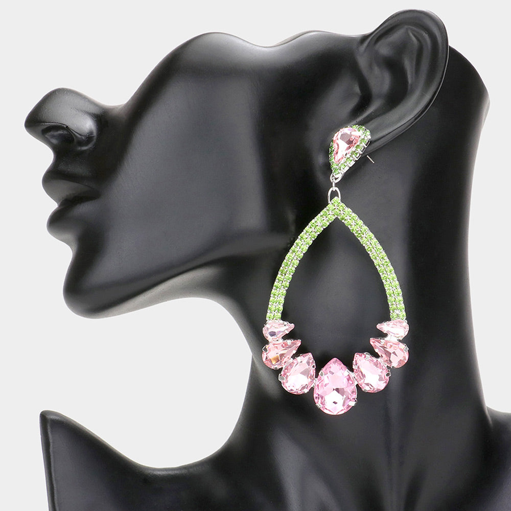 Pink & Green Crystal Teardrop Stone Chandelier Pageant Earrings | Prom Earrings