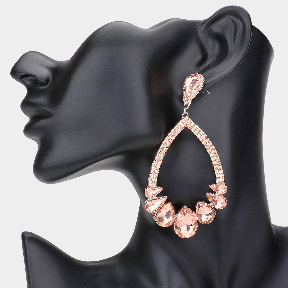 Peach Crystal Teardrop Stone Chandelier Pageant Earrings | Prom Earrings