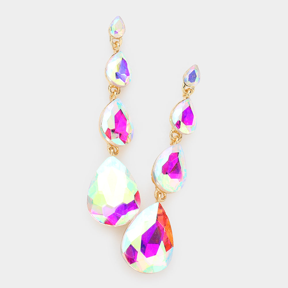 Multi Size AB Teardrop Dangle Pageant Earrings on Gold