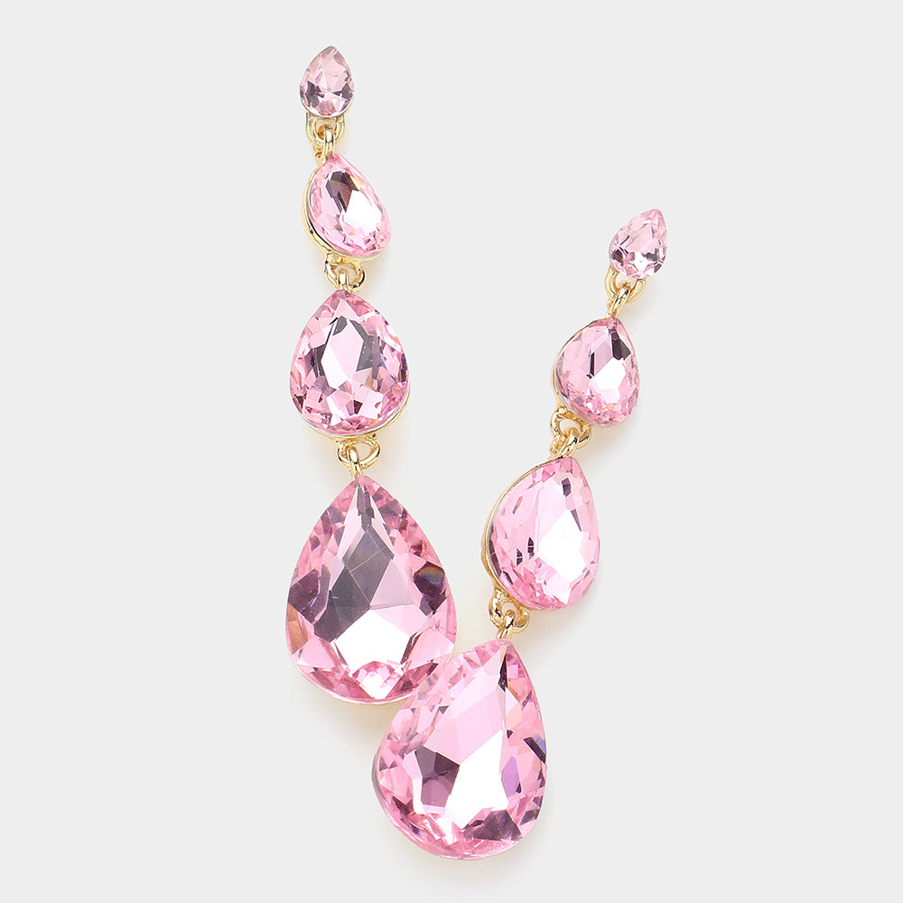 Multi Size Pink Teardrop Dangle Pageant Earrings