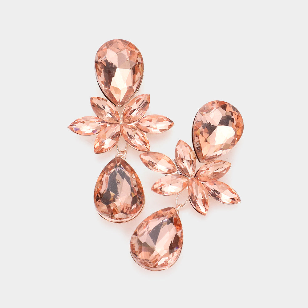 Peach Marquise and Teardrop Stone Dangle Pageant Earrings on Rose Gold | Peach Prom Earrings