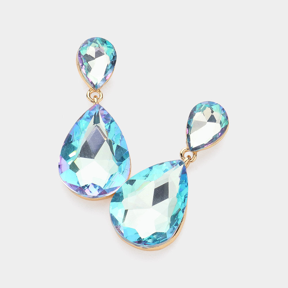 Blue AB Crystal Double Teardrop Pageant Earrings for Little Girls