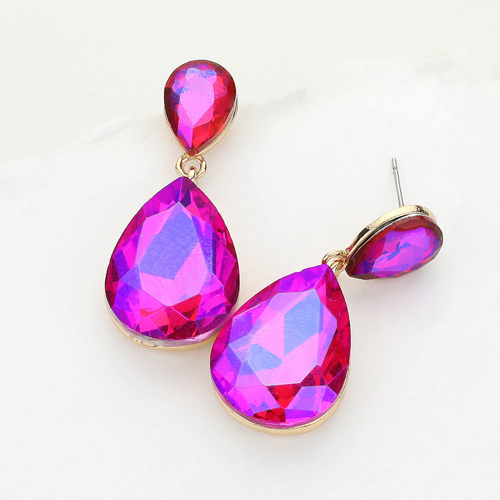 Fuchsia AB Crystal Double Teardrop Pageant Earrings for Little Girls