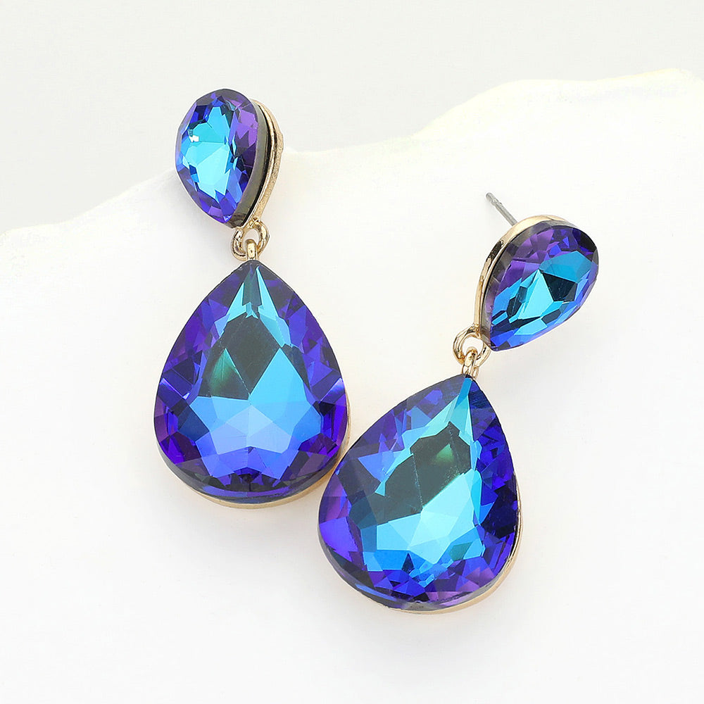 Blue Crystal Double Teardrop Pageant Earrings for Little Girls