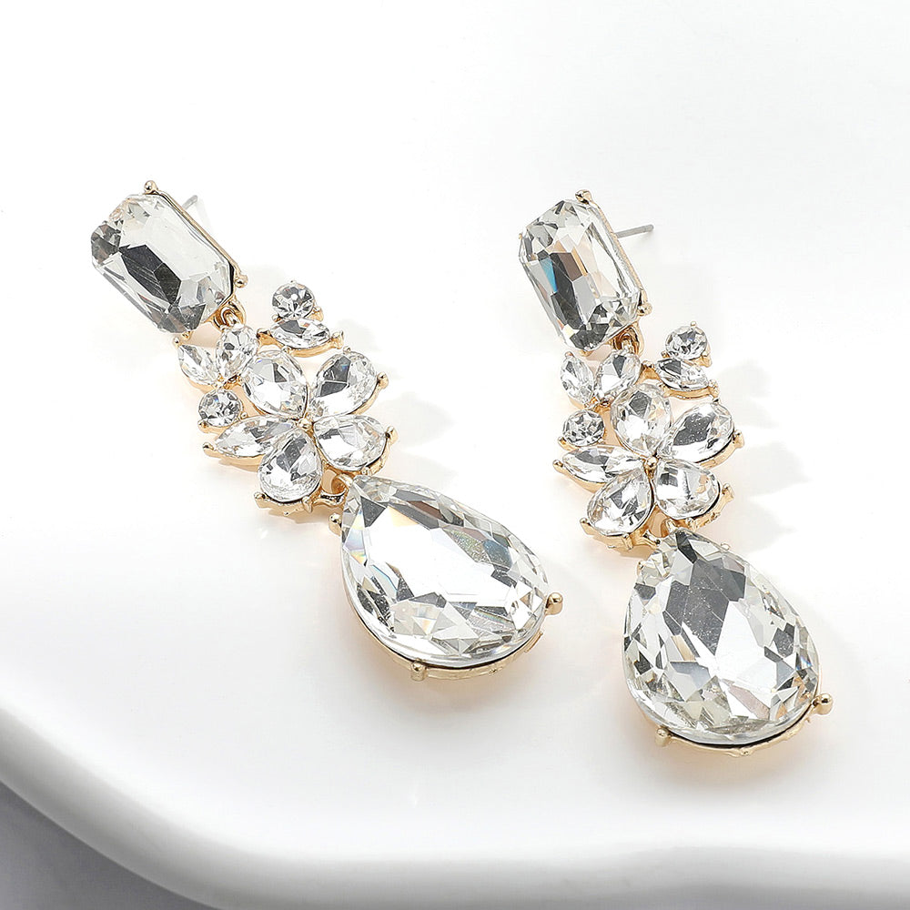 Multi Shaped Stone Clear Pageant Drop Earrings on Gold | Clear Prom Earrings