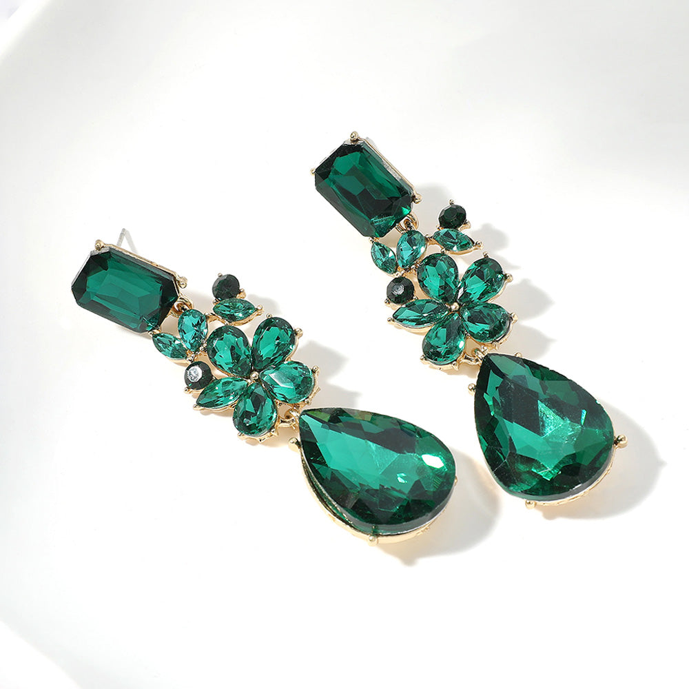 Multi Shaped Stone Emerald Pageant Drop Earrings | Green Prom Earrings