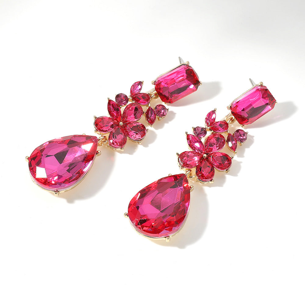 Multi Shaped Stone Fuchsia Pageant Drop Earrings | Hot Pink Prom Earrings