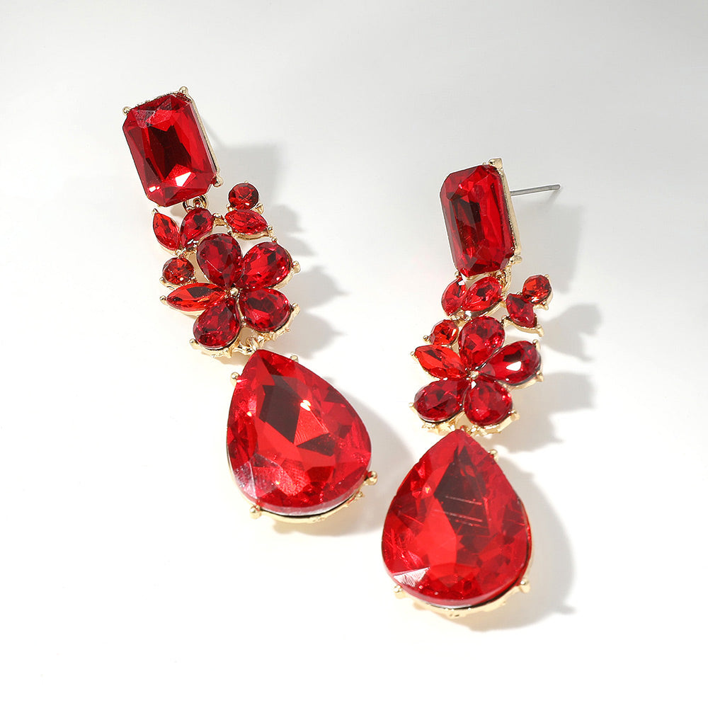 Multi Shaped Stone Red Pageant Drop Earrings | Siam Prom Earrings