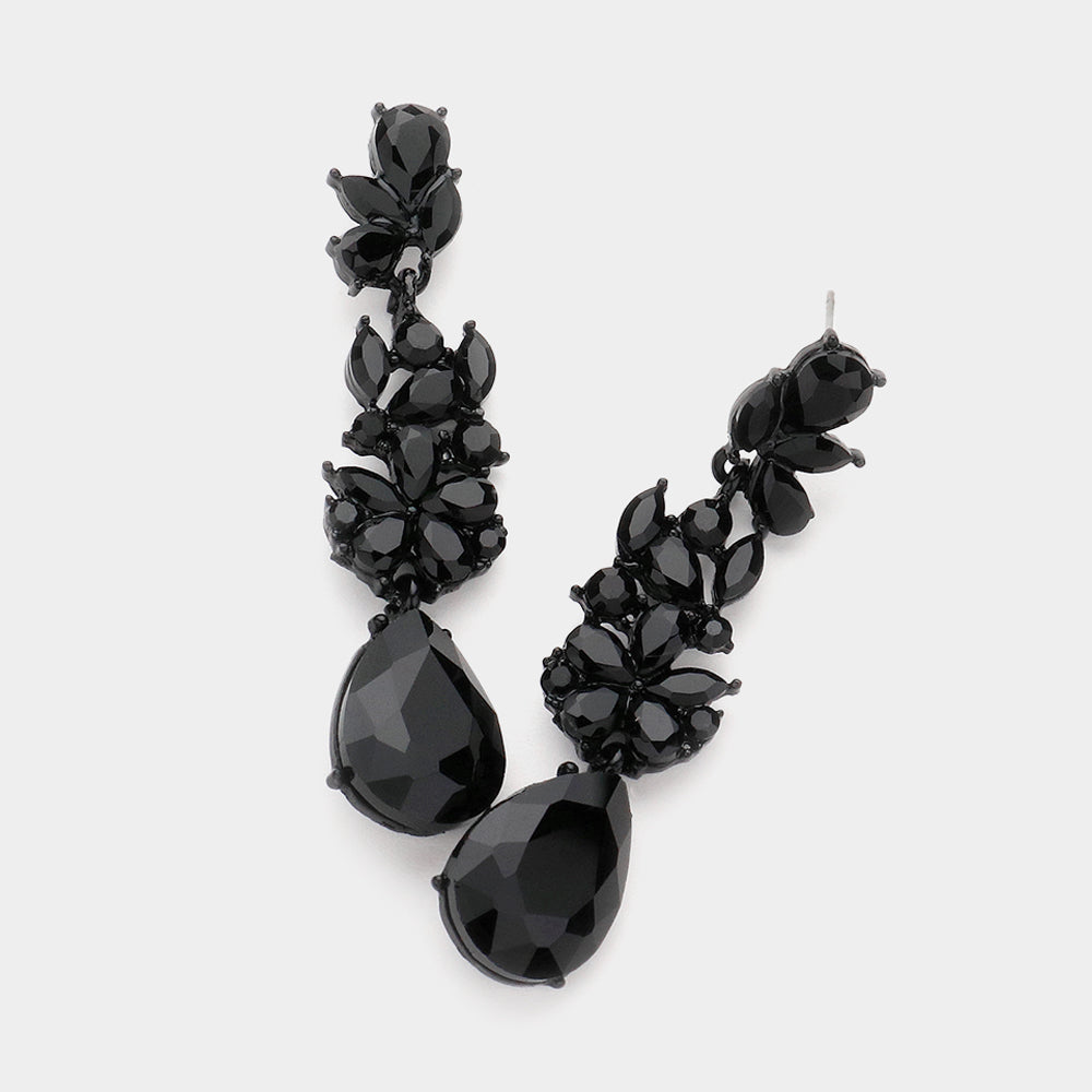 Black Teardrop and Cluster Marquise Stone Floral Dangle Pageant Earrings | Prom Earrings