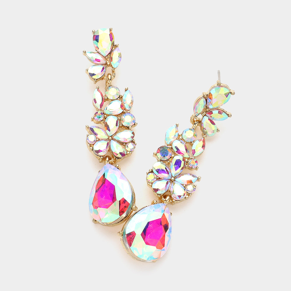 AB Teardrop and Cluster Marquise Stone Floral Dangle Pageant Earrings on Gold | Prom Earrings