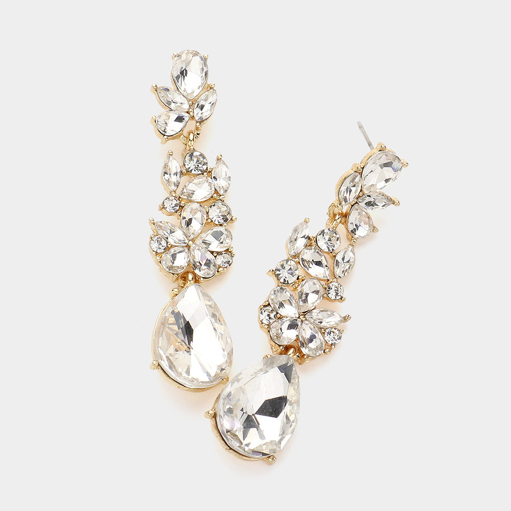 Clear Teardrop and Cluster Marquise Stone Floral Dangle Pageant Earrings on Gold | Prom Earrings