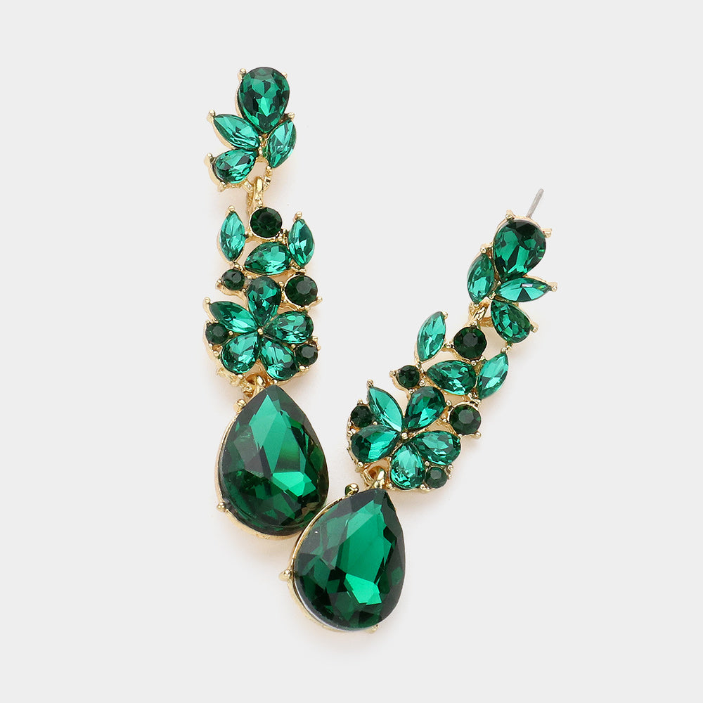 Emerald Teardrop and Cluster Marquise Stone Floral Dangle Pageant Earrings  | Prom Earrings