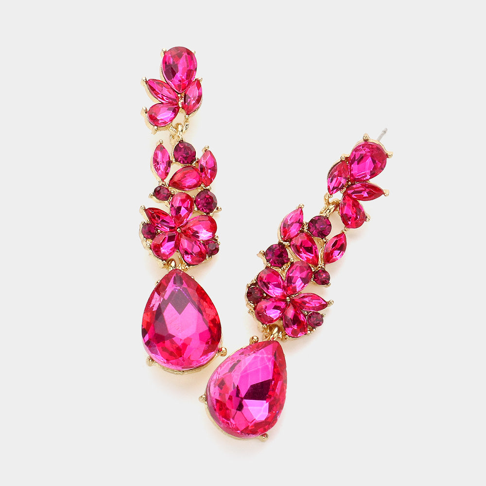 Fuchsia Teardrop and Cluster Marquise Stone Floral Dangle Pageant Earrings  | Prom Earrings