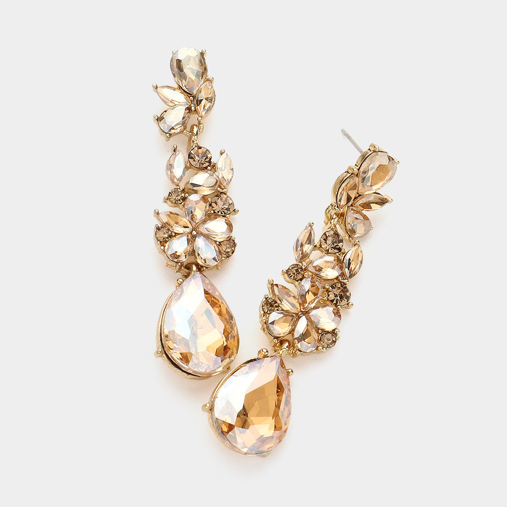 Light Topaz Teardrop and Cluster Marquise Stone Floral Dangle Pageant Earrings  | Prom Earrings