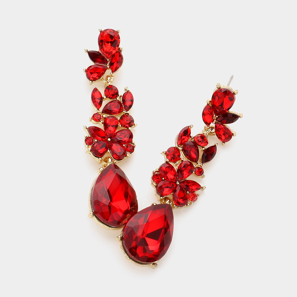 Red Teardrop and Cluster Marquise Stone Floral Dangle Pageant Earrings | Prom Earrings