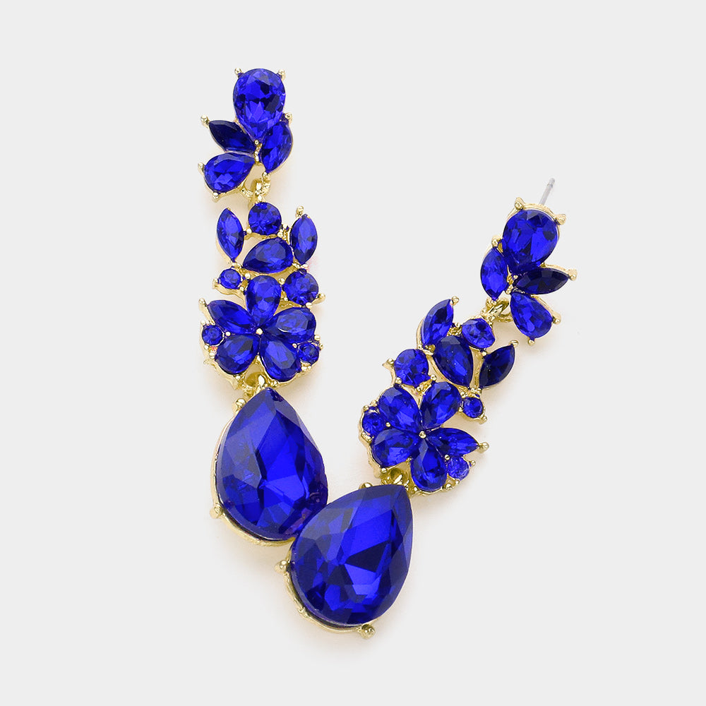 Sapphire Teardrop and Cluster Marquise Stone Floral Dangle Pageant Earrings  | Prom Earrings 