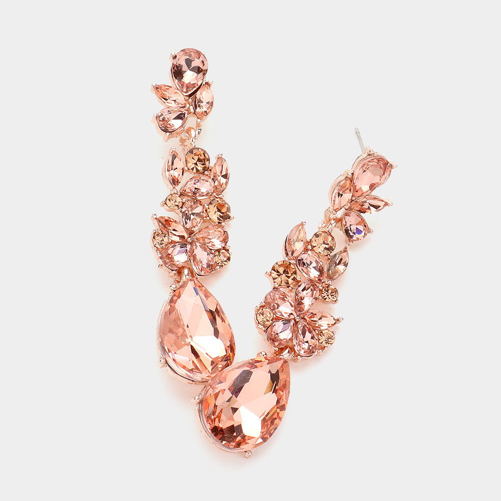 Peach Teardrop and Cluster Marquise Stone Floral Dangle Pageant Earrings on Rose Gold  | Prom Earrings