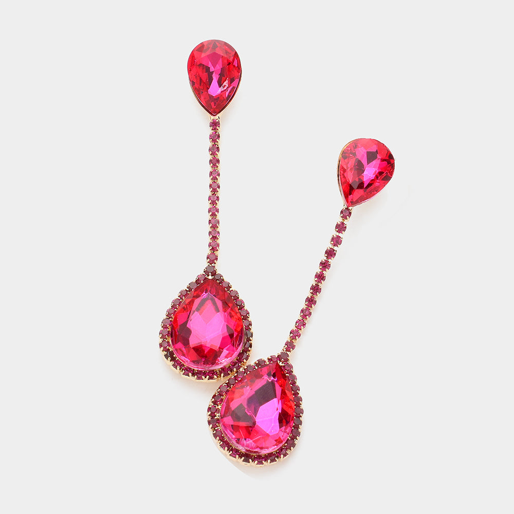 Fuchsia Double Teardrop Dangle Pageant Earrings | Hot Pink Fun Fashion Earrings