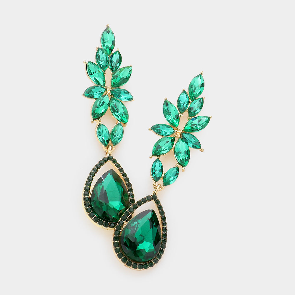 Emerald Marquise and Teardrop Stone Dangle Pageant Earrings  | Emerald Drop Earrings