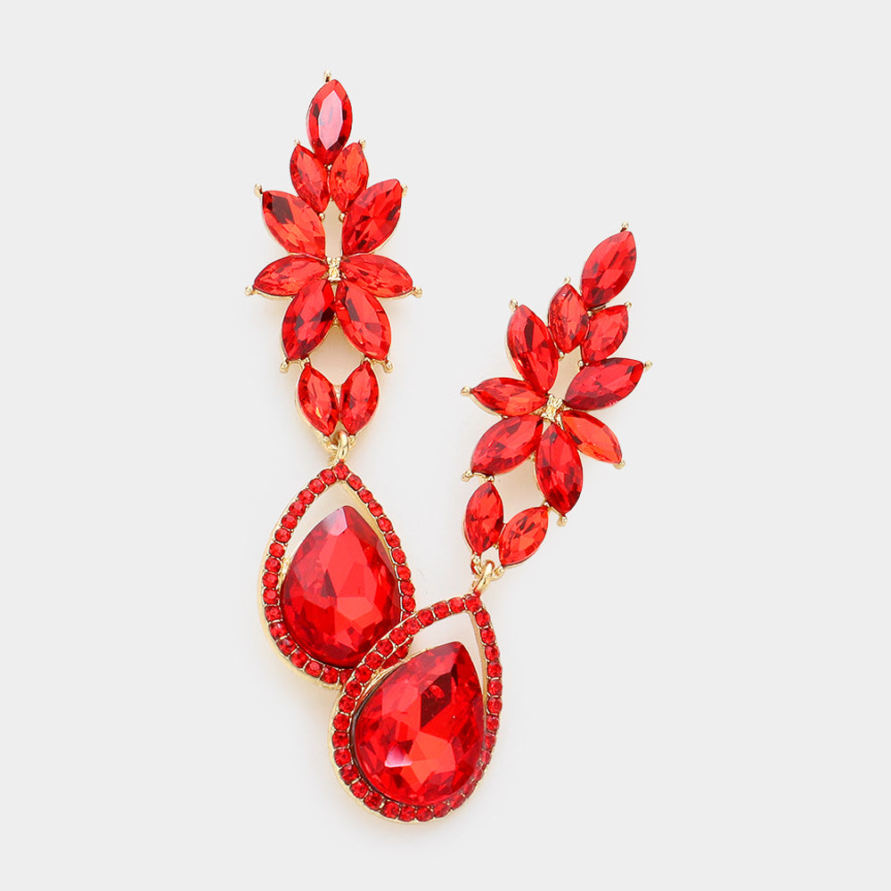 Red Marquise and Teardrop Stone Dangle Pageant Earrings | Red Drop Earrings 