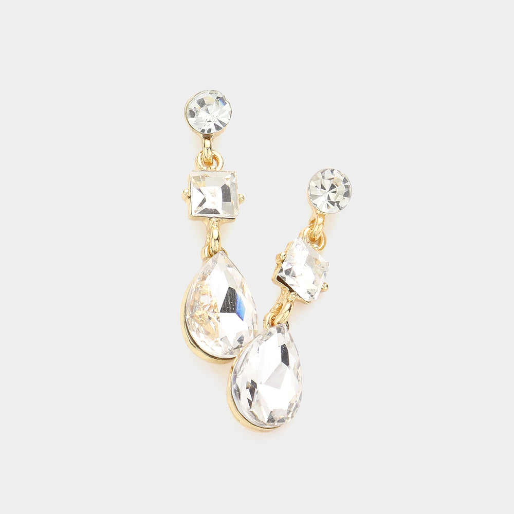 Clear Multi Stone Dangle Pageant Earrings on Gold | Small Clear on Gold Dangle Earrings