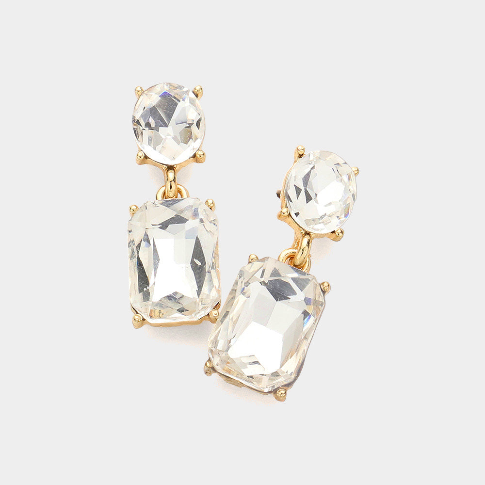 Small Square Clear Stone Dangle Pageant Earrings on Gold | Interview Earrings