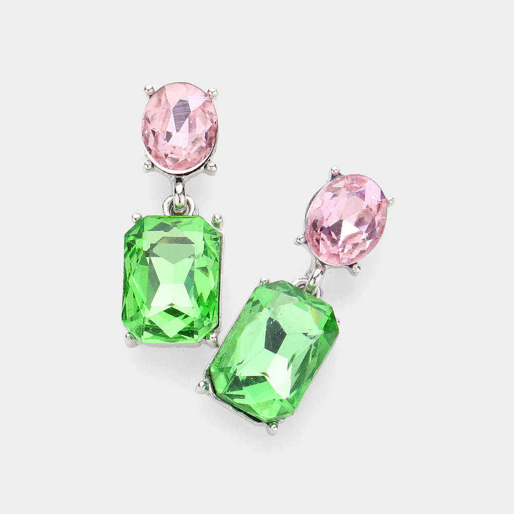 Small Square Pink & Green Stone Dangle Pageant Earrings | Interview Earrings 