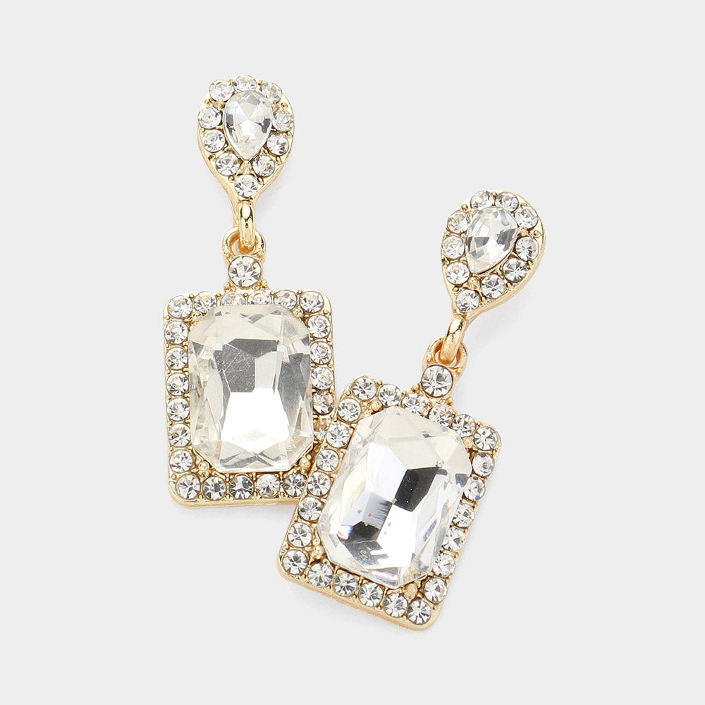 Small Clear Square Stone and Rhinestone Edged Dangle Pageant Earrings on Gold | Interview Earrings