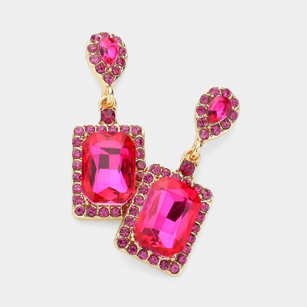 Small Fuchsia Square Stone and Rhinestone Edged Dangle Pageant Earrings  | Interview Earrings