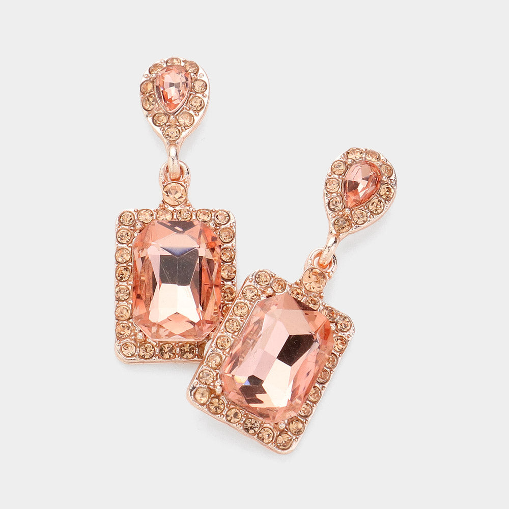 Small Peach Square Stone and Rhinestone Edged Dangle Pageant Earrings on Rose Gold | Interview Earrings