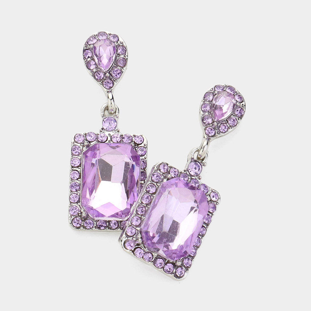 Small Violet Square Stone and Rhinestone Edged Dangle Pageant Earrings | Interview Earrings