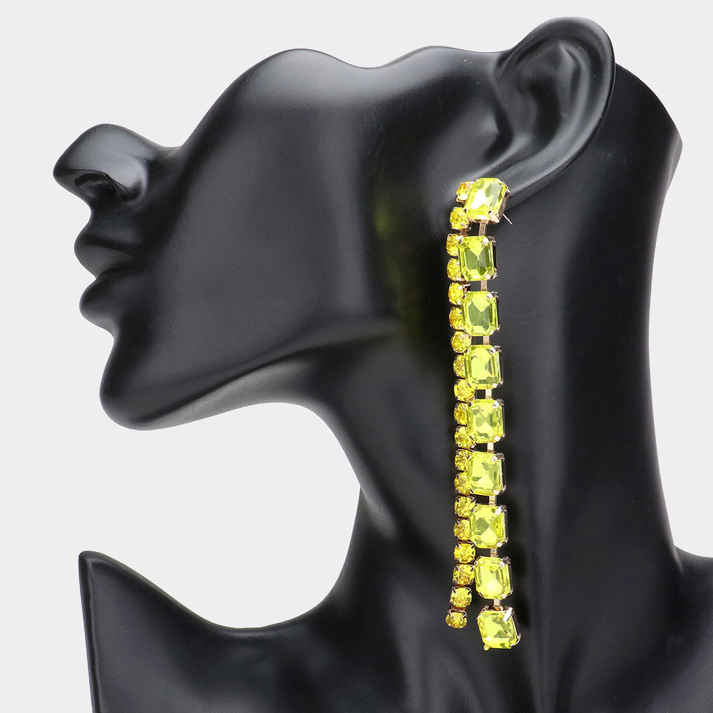 Yellow Multi Square Stone Long Link Pageant Earrings | Head Shot Earrings |  632930