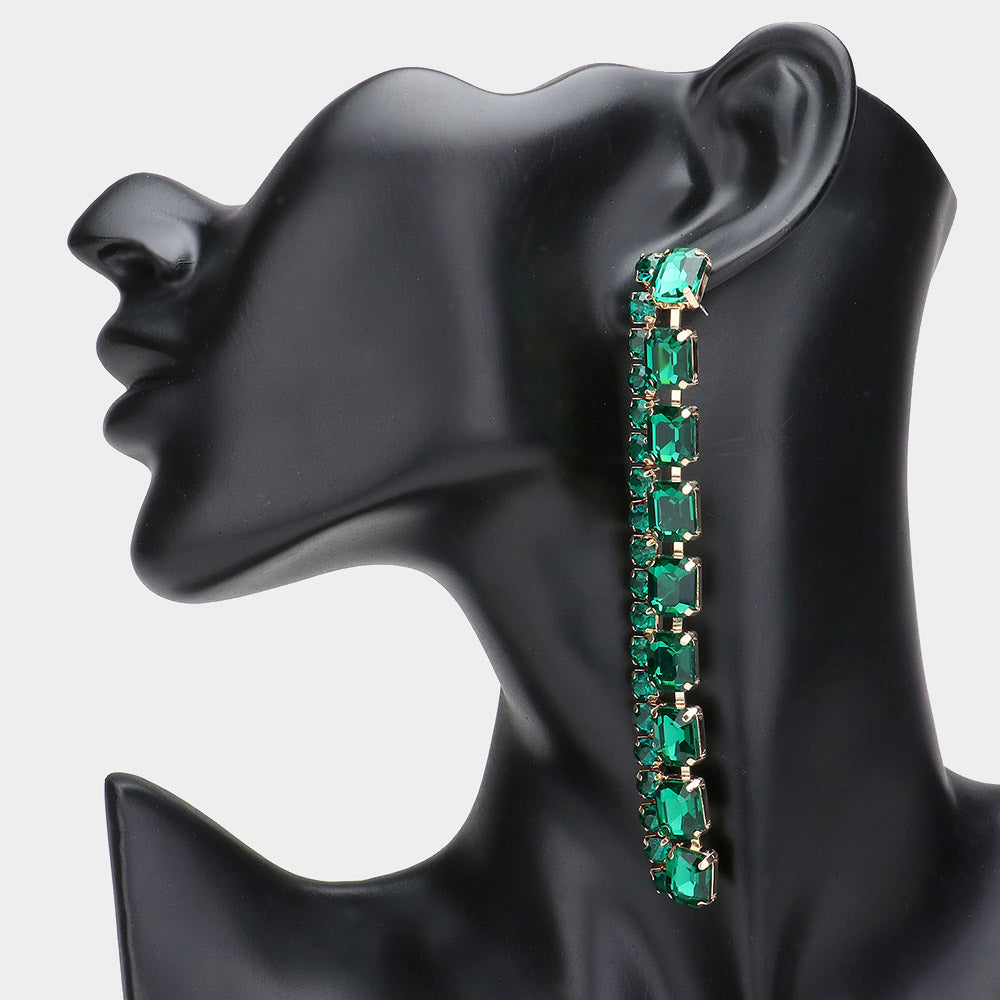 Emerald Multi Square Stone Long Link Pageant Earrings  | Head Shot Earrings