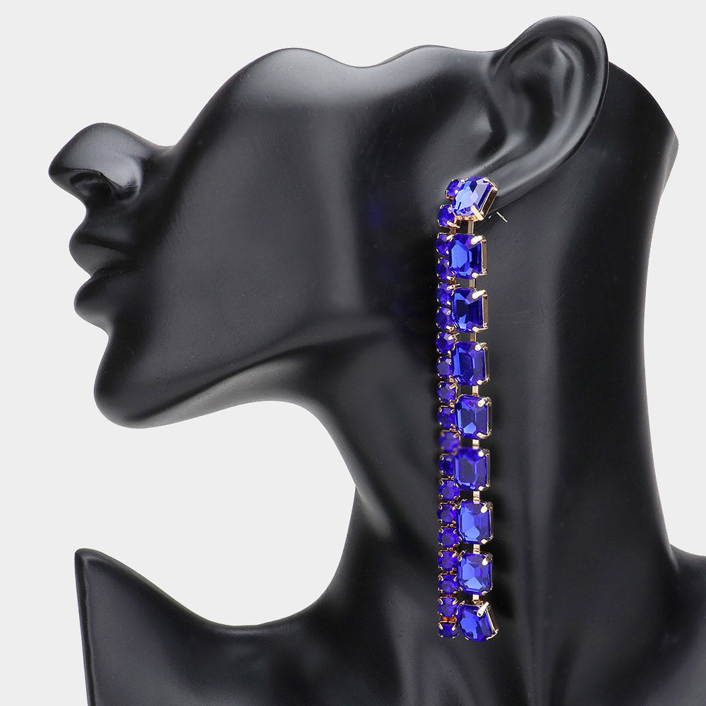 Sapphire Multi Square Stone Long Link Pageant Earrings  | Head Shot Earrings 