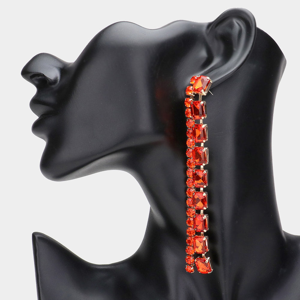 Red Multi Square Stone Long Link Pageant Earrings  | Head Shot Earrings